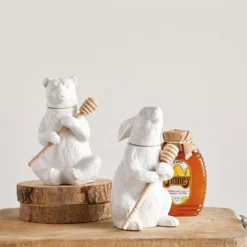 Creative Co-op Ceramic Bear Honey Pot W/ Bamboo Honey Dipper KITCHEN