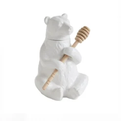 Creative Co-op Ceramic Bear Honey Pot W/ Bamboo Honey Dipper KITCHEN