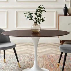Modway Lily Cherry Walnut Oval Dining Table, White Base