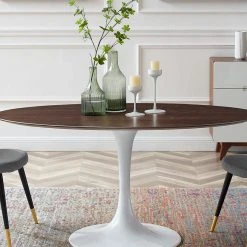 Modway Lily Cherry Walnut Oval Dining Table, White Base