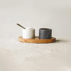 CREATIVE CO-OP Mango Wood Tray W/ 2 Marble Bowls & Brass Spoon