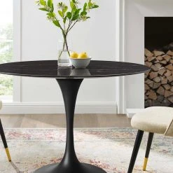 Modway FURNITURE Lily Black Oval Marble Dining Table, Black Base