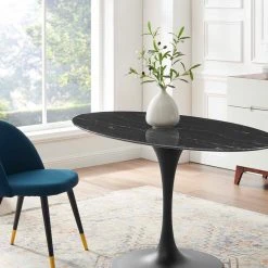 Modway FURNITURE Lily Black Oval Marble Dining Table, Black Base